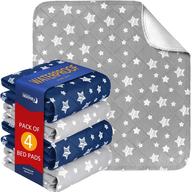 Moonsea Waterproof Bed Pads Washable, Reusable Incontinence Pads for Kids, Adults, Elderly and Pets, Washable Underpads for Bed, Sofa, Floor, 34"x36" 4 Pack, Navy Star&Gray Star 