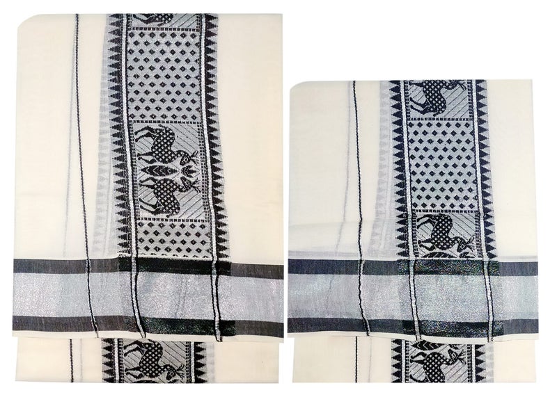 YETTALAN® Women's Kerala Traditional Cotton Set Mundu with Self Jacquard Work 2.80&2.00 Mtr (Black Deer-Silver Jari) - Image 5