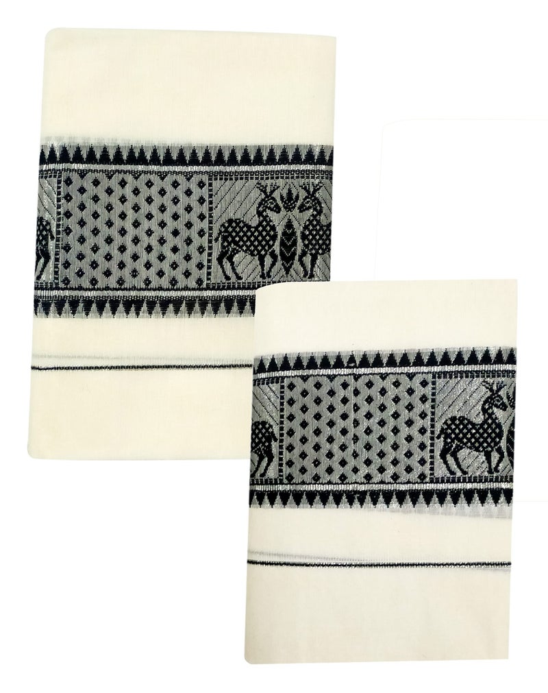 YETTALAN® Women's Kerala Traditional Cotton Set Mundu with Self Jacquard Work 2.80&2.00 Mtr (Black Deer-Silver Jari) - Image 2