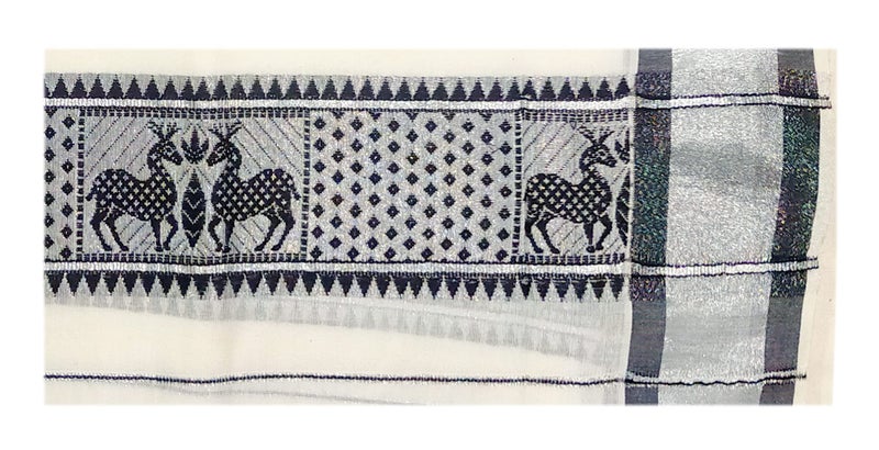 YETTALAN® Women's Kerala Traditional Cotton Set Mundu with Self Jacquard Work 2.80&2.00 Mtr (Black Deer-Silver Jari) - Image 3
