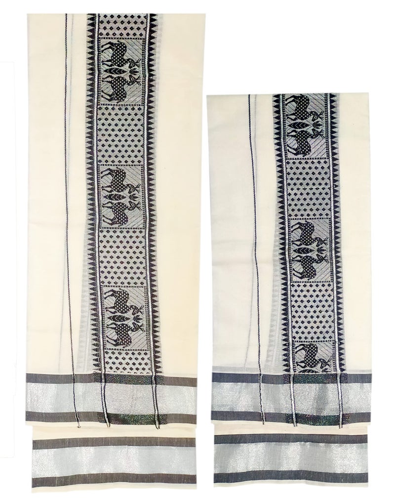 YETTALAN® Women's Kerala Traditional Cotton Set Mundu with Self Jacquard Work 2.80&2.00 Mtr (Black Deer-Silver Jari) - Image 4
