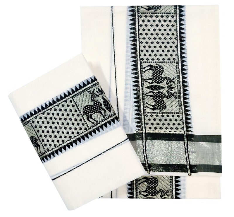 YETTALAN® Women's Kerala Traditional Cotton Set Mundu with Self Jacquard Work 2.80&2.00 Mtr (Black Deer-Silver Jari) - Image 1