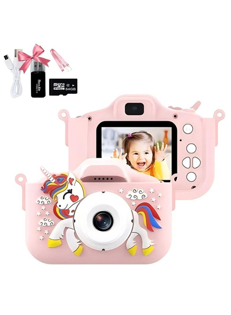 Kids Camera,Children's Digital Camera for 6+ Year Old 1080P HD Digital Video Camera Toy for 3-12 Year Old Boys/Girls, Birthday Festival Gifts for Kids,USB Rechargeable Kids Selfie Camera with 64GB SD Card and Card Reader Pink - Image 1