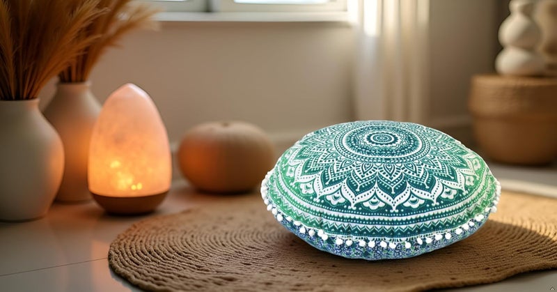 CRAFT KALA كرافت كالا 22 بوصة غطاء وسادة أرضية ماندالا مستديرة، غطاء جلوس ورمي، وسادة عثمانية بوهيمية ديكورية هيبي، أغطية وسائد بوم بوم، قطن هندي بوهو، غرفة المعيشة، اليوغا، ديكور المنزل (أخضر أومبري) - Image 4