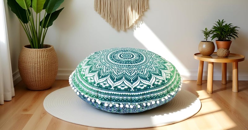 CRAFT KALA كرافت كالا 22 بوصة غطاء وسادة أرضية ماندالا مستديرة، غطاء جلوس ورمي، وسادة عثمانية بوهيمية ديكورية هيبي، أغطية وسائد بوم بوم، قطن هندي بوهو، غرفة المعيشة، اليوغا، ديكور المنزل (أخضر أومبري) - Image 5