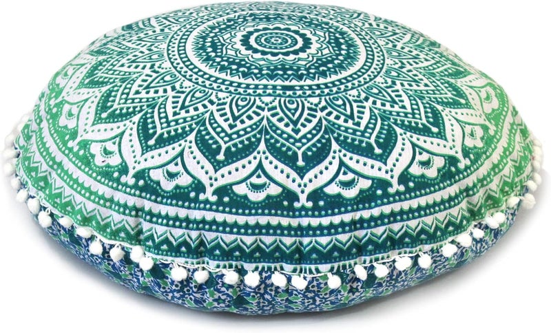 CRAFT KALA كرافت كالا 22 بوصة غطاء وسادة أرضية ماندالا مستديرة، غطاء جلوس ورمي، وسادة عثمانية بوهيمية ديكورية هيبي، أغطية وسائد بوم بوم، قطن هندي بوهو، غرفة المعيشة، اليوغا، ديكور المنزل (أخضر أومبري) - Image 1