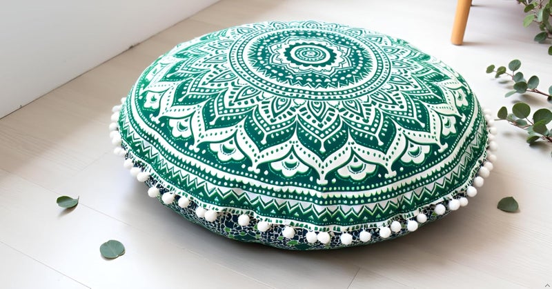 CRAFT KALA كرافت كالا 22 بوصة غطاء وسادة أرضية ماندالا مستديرة، غطاء جلوس ورمي، وسادة عثمانية بوهيمية ديكورية هيبي، أغطية وسائد بوم بوم، قطن هندي بوهو، غرفة المعيشة، اليوغا، ديكور المنزل (أخضر أومبري) - Image 2