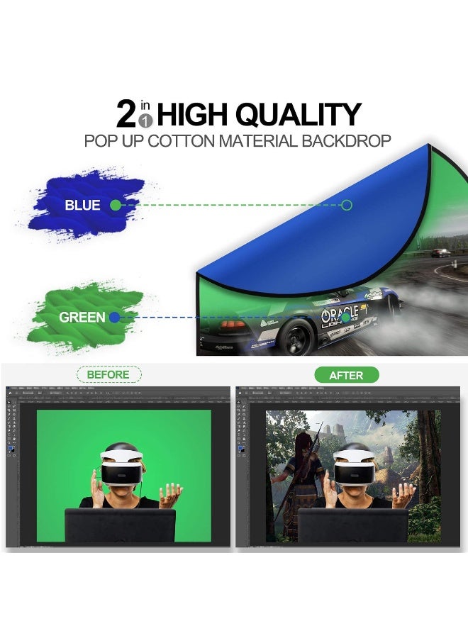 100 x 150cm Portable Screen Backdrop Blue Green 2-in-1 Collapsible Green Screen Kit w/Carrying Case for Studio Photography/Streaming/Gaming Video Conference Live Stream - Image 5