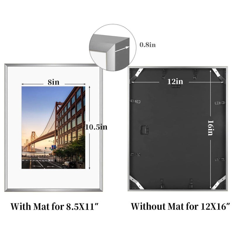 Frametory, 12x16 Aluminum Picture Frame - 12 x 16 Silver Frame with Removable Mat for 8.5 x 11 Photo - 16 by 12 Durable Metal Frame with Real Glass - Sawtooth Hanger for Easy Wall Display - 1 Pack - Image 3
