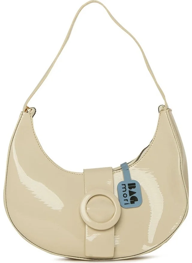 Bagmori Cream Oval Accessory Oval Patent Leather Baguette