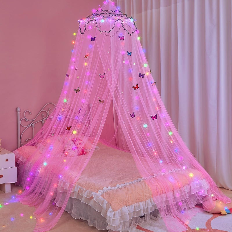 FIOBEE Bed Canopy for Girls Room Bed Canopy Curtains with Led Lights Mosquito Net DIY Princess Room Dcor with Stars Butterflies for Kids Bedroom Hot Pink
