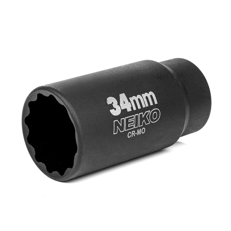 NEIKO 02525A 34mm Socket 12 Drive Deep Impact Socket Spindle Axle Nut Socket 12 Point Chrome Molybdenum CrMo Deep Well Hub Triple Square Axle Shaft Nut Remover