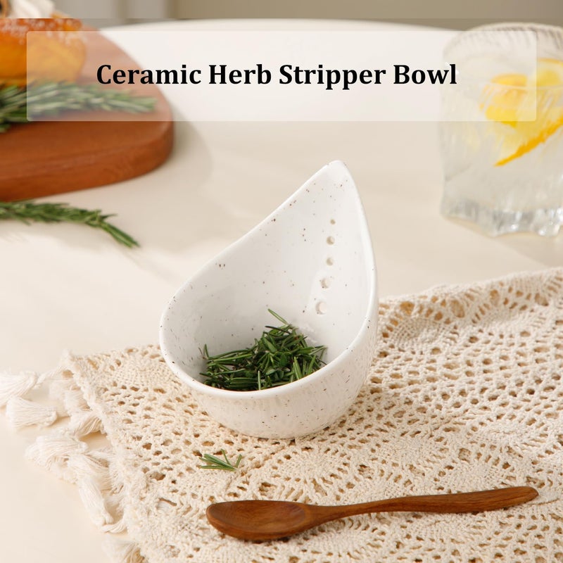 Dneuoir Herb Stripper Bowl, Ceramic Herb Peeling Bowl, Kitchen Herbs Leaf Stripping Tool, Pottery Herb Peeler for Kale, Thyme, Basil, Rosemary Stripper (White) - Image 2