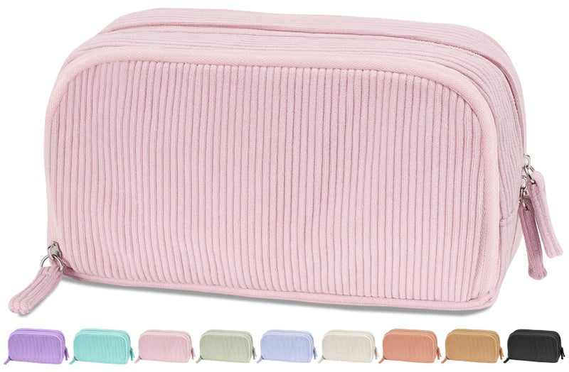 Sooez Big Capacity Pencil Case Pen Pouch Soft Corduroy Pencil Bag with 3 Compartment Multiple Pockets Sturdy Zipper Cute School Supplies Pen Bag Organizer For Teen Girls College Pink - Image 2