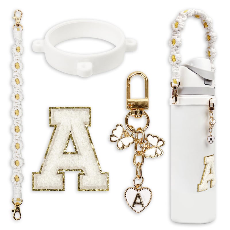 SITKOL Cute Letter Charm Set with Secure Handle Strap, Silicone Ring, Monogram Sticker and Personalized Decoration for Owala Compatible Water Bottle, Travel Carry, School, Gift and Daily Use (White, A) - Image 1