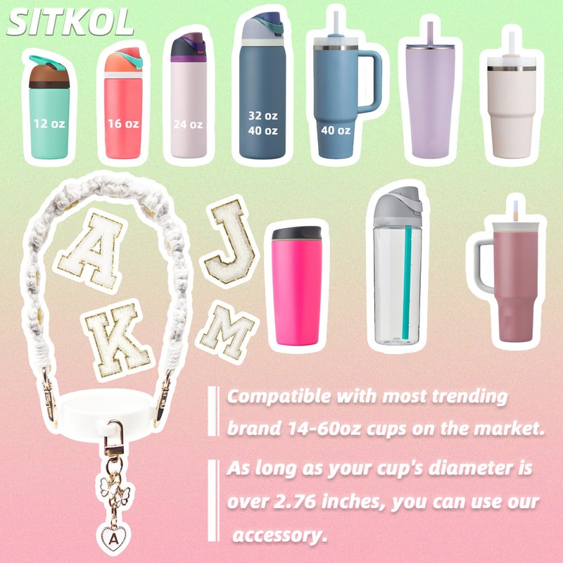 SITKOL Cute Letter Charm Set with Secure Handle Strap, Silicone Ring, Monogram Sticker and Personalized Decoration for Owala Compatible Water Bottle, Travel Carry, School, Gift and Daily Use (White, A) - Image 2