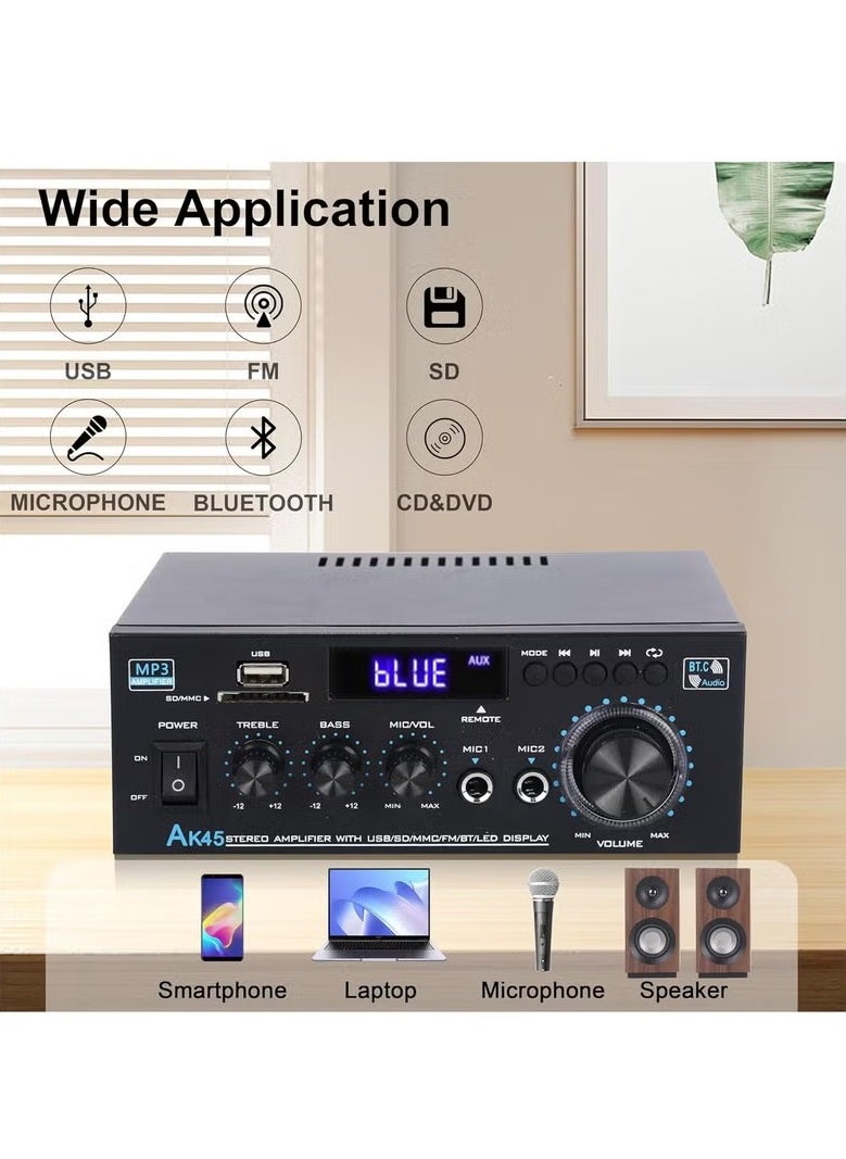 Home Audio Amplifier Stereo Receiver,300Wx2 Dual Channel Speaker Amplifier with FM Radio with Remote Control ,Bluetooth 5.0 USB SD Card Input for Home Theater Audio Stereo System