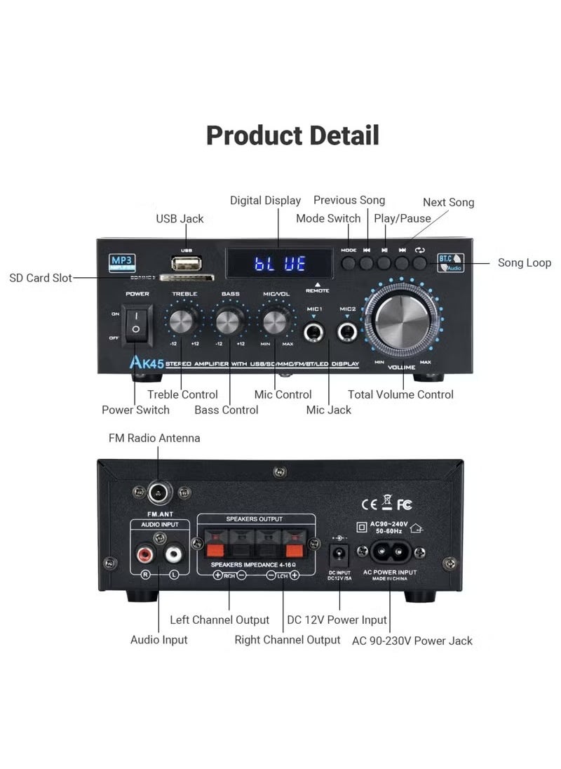 Home Audio Amplifier Stereo Receiver,300Wx2 Dual Channel Speaker Amplifier with FM Radio with Remote Control ,Bluetooth 5.0 USB SD Card Input for Home Theater Audio Stereo System