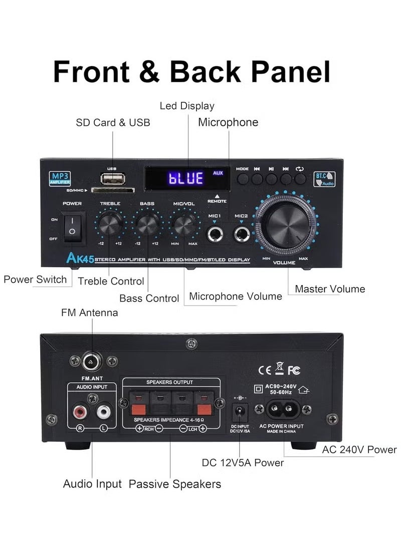Home Audio Amplifier Stereo Receiver,300Wx2 Dual Channel Speaker Amplifier with FM Radio with Remote Control ,Bluetooth 5.0 USB SD Card Input for Home Theater Audio Stereo System