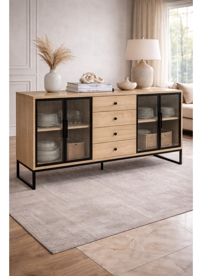 أيام البركة خزانة بوفيه نيمي بأبواب زجاج مضلع مع أدراج – 160×40×80 سم – وحدة تخزين جانبية خشبية – لون خشبي طبيعي - Image 1