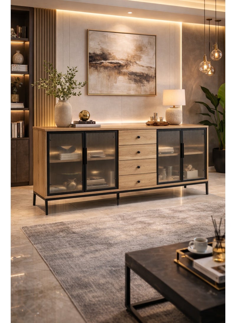 أيام البركة خزانة بوفيه نيمي بأبواب زجاج مضلع مع أدراج – 160×40×80 سم – وحدة تخزين جانبية خشبية – لون خشبي طبيعي - Image 2