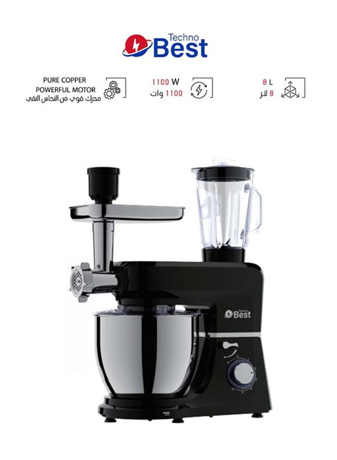 Techno Best Multi-Functional Mixer With Stainless Steel Bowl 8 L 1100 W BKM-08L Black - Image 1