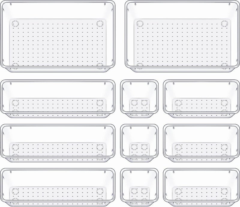 Kienlix 11 Pcs Drawer Organizer Versatile Vanity Drawer Storage Bins, Clear Plastic Drawer Organizer Trays, Customize Layout Organizer for Makeup and Bathroom Vanity (Clear) (11 pc) - Image 1