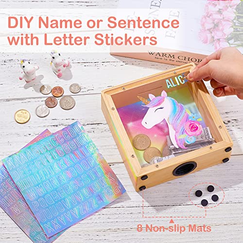 ICOSY Wooden Piggy Bank for Kids Boys Girls DIY Name Coin Bank Unicorn Dinosaur Money Bank with Letter Stickers - Image 5