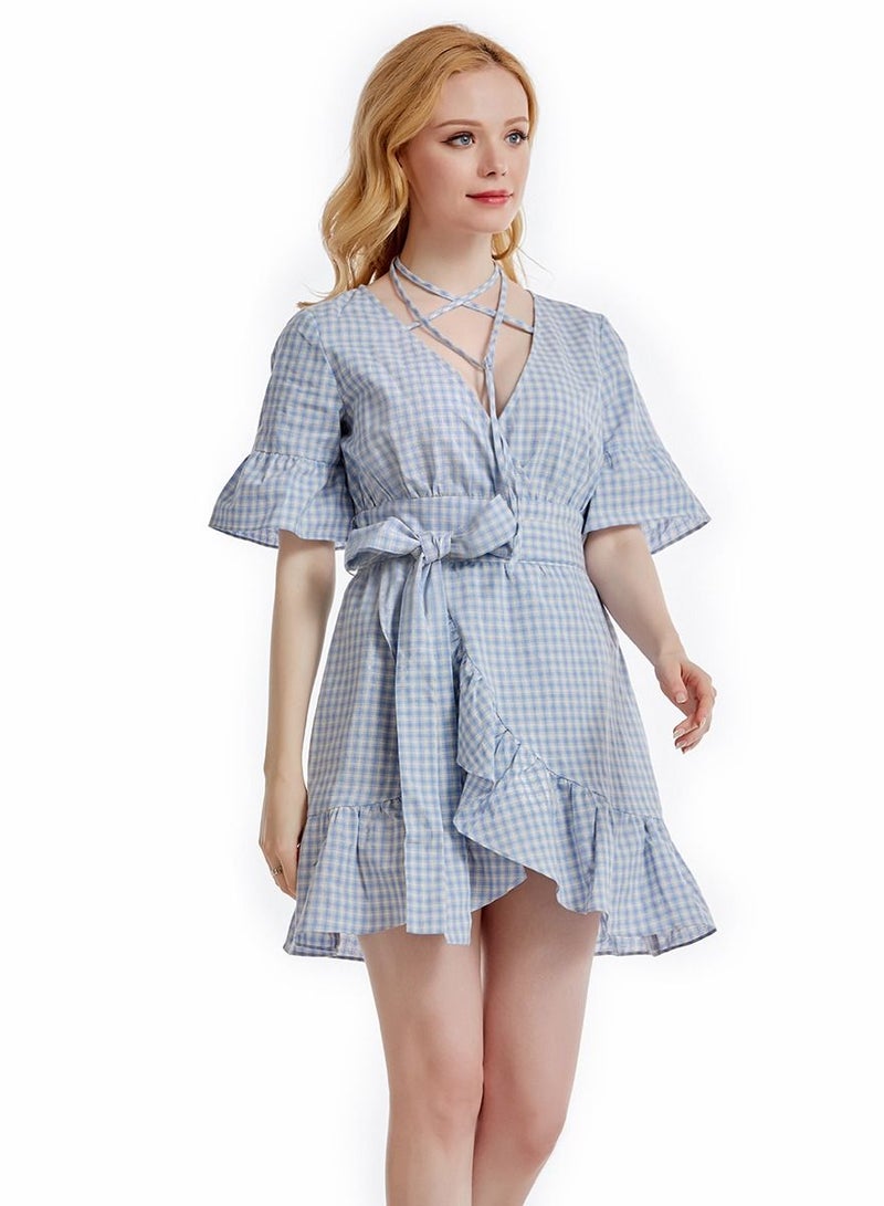 Loquat Women's Checkered Pattern Short Sleeve Ruffle Mini Dress Light Blue  - Image 1
