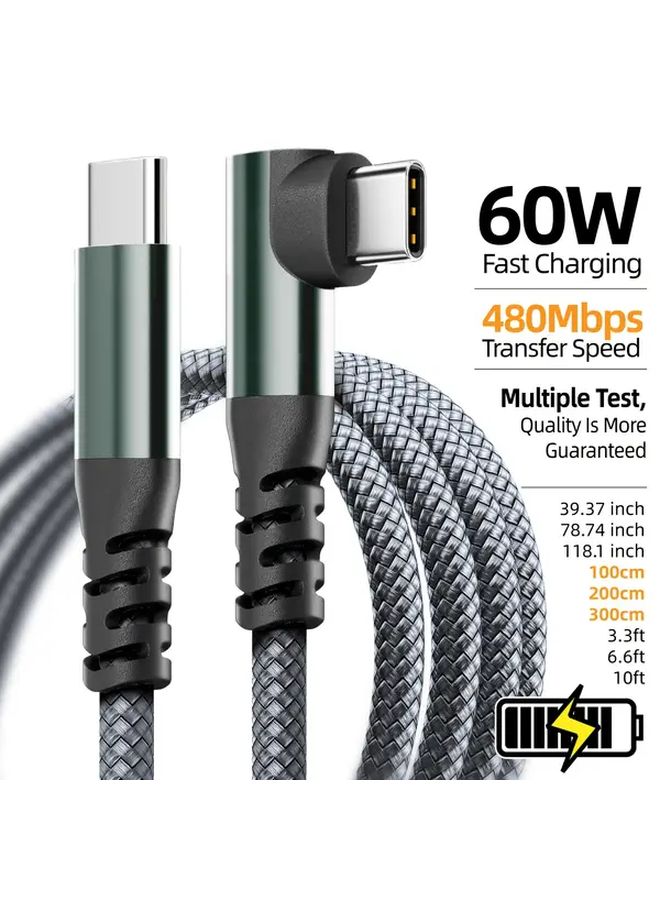 60W Fast Charging Cable Type C To Type C 90 Degree Elbow Grey 2pcs 3M 10ft - Image 5