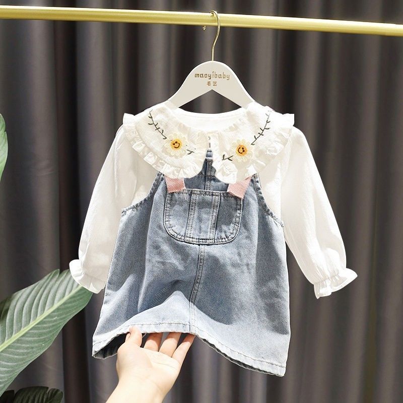 Girls Denim Suit Baby Spring New Baby Doll Shirt Suspender Skirt Two-Piece Set Kidsren'S Spring & Fall Clothing Versatile - Image 3