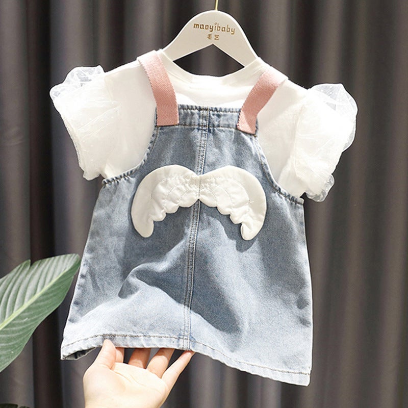 Girls Denim Suit Baby Spring New Baby Doll Shirt Suspender Skirt Two-Piece Set Kidsren'S Spring & Fall Clothing Versatile - Image 1