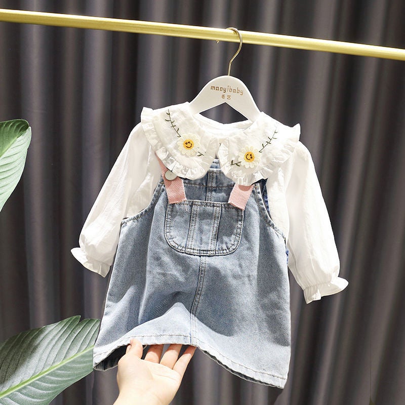 Girls Denim Suit Baby Spring New Baby Doll Shirt Suspender Skirt Two-Piece Set Kidsren'S Spring & Fall Clothing Versatile - Image 5