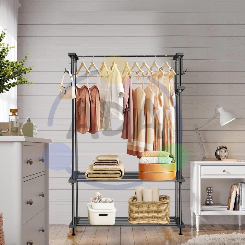 ADA حامل ملابس معدني عالي الكثافة من ADA مع 10 خطافات جانبية و 2 رف سفلي، قوي ومتعدد الاستخدامات، حامل ملابس أسود 84 × 31 × 140 سم - Image 1