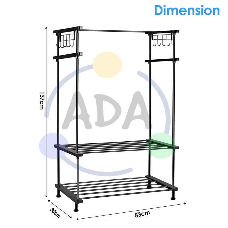 ADA حامل ملابس معدني عالي الكثافة من ADA مع 10 خطافات جانبية و 2 رف سفلي، قوي ومتعدد الاستخدامات، حامل ملابس أسود 84 × 31 × 140 سم - Image 5