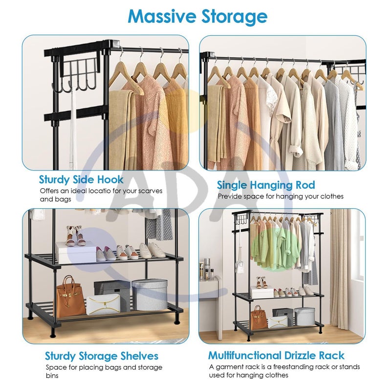 ADA حامل ملابس معدني عالي الكثافة من ADA مع 10 خطافات جانبية و 2 رف سفلي، قوي ومتعدد الاستخدامات، حامل ملابس أسود 84 × 31 × 140 سم - Image 3