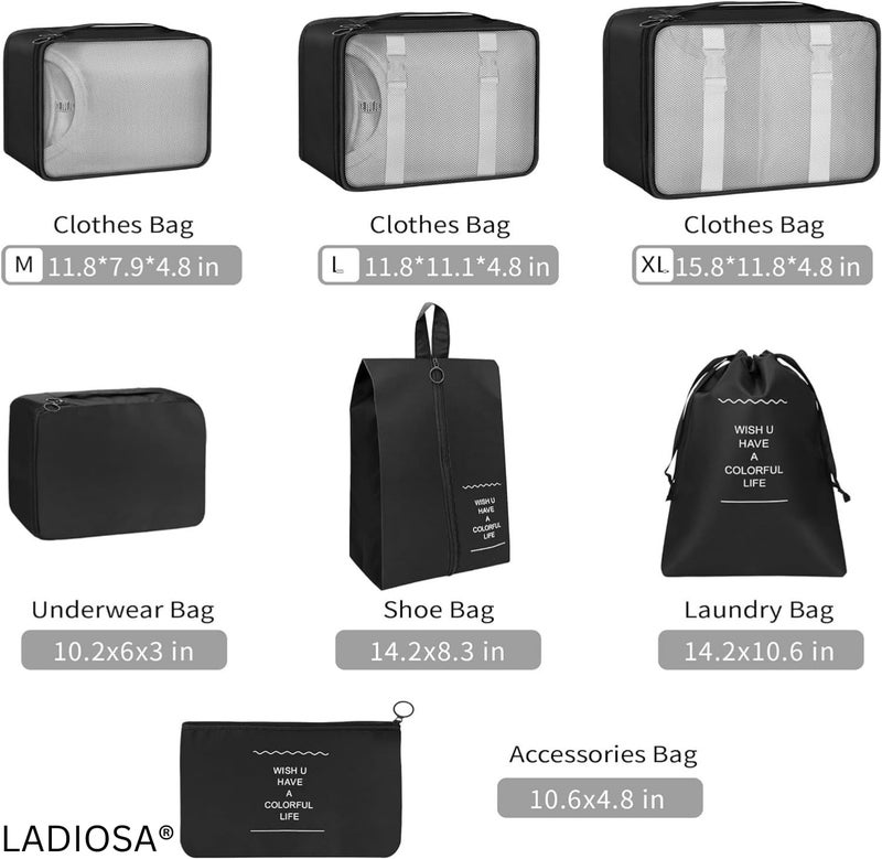 Ladiosa® Packing Cubes for Travel, Travel Organizer, Travel Essentials, Packing Cubes, Packing Bags for Clothes, 7 pcs, BLACK - Image 2
