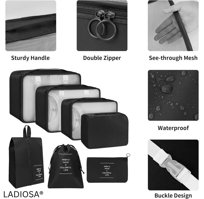 Ladiosa® Packing Cubes for Travel, Travel Organizer, Travel Essentials, Packing Cubes, Packing Bags for Clothes, 7 pcs, BLACK - Image 4