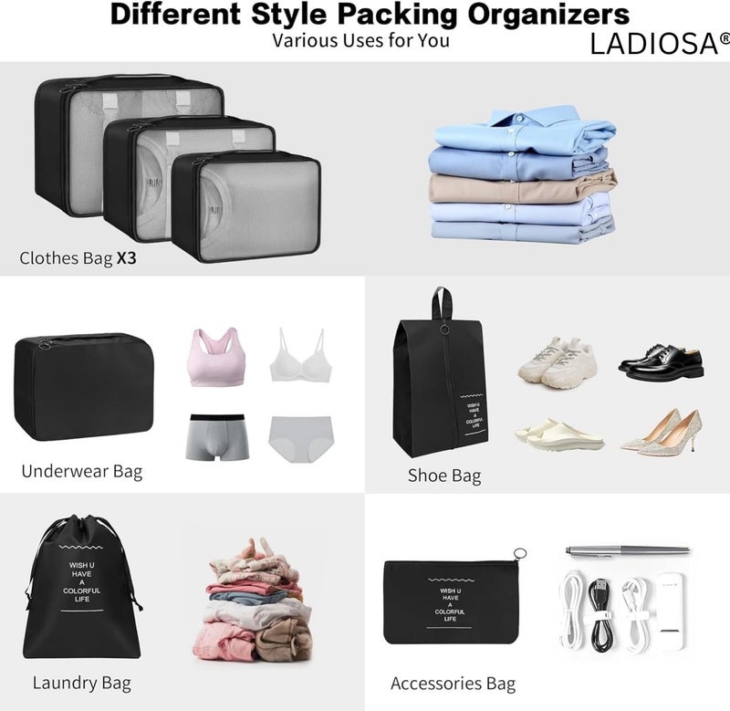Ladiosa® Packing Cubes for Travel, Travel Organizer, Travel Essentials, Packing Cubes, Packing Bags for Clothes, 7 pcs, BLACK - Image 3