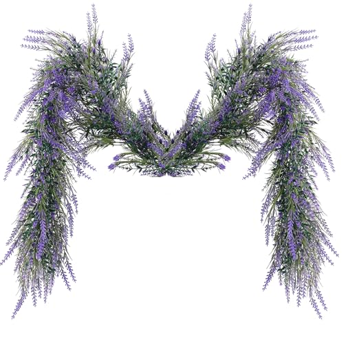 MAKHOT 6Ft Purple Lavender Artificial Garland Decor, Spring Summer All Year Lavender Deep Purple Garland, Green Wreath Vines Decorations for Table Home Wedding Mantle Arch Porch Party - Image 1