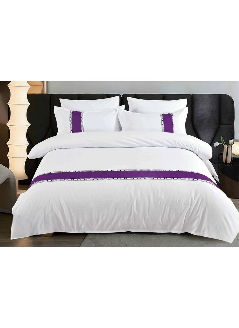 llwoo Premium 400 Thread Count Cotton King Size Quilt Cover Set - Luxurious Sateen Weave Printer Striped Bedding with Hidden Zipper Closure - Includes 4 Pillow Cases (White, 220*240 cm) 