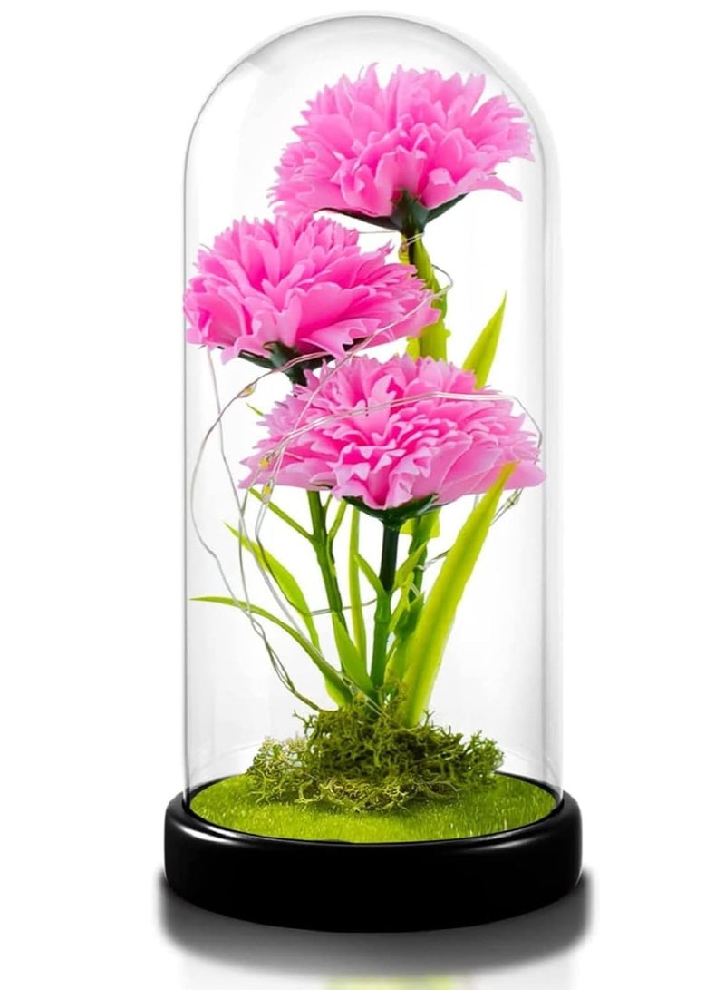 SYOSI Carnation Flower Gifts for Mom, Birthday her, Artificial in Glass Dome with Led Light Mother's Day, Valentine's Anniversary - Image 1