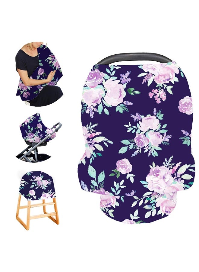 TANOFAR غطاء مقعد السيارة للفتيات، متعدد الاستخدامات - أغطية للرضاعة الطبيعية، موضوع زهور بنفسجية، مظلة مقعد السيارة، مرنة وناعمة وقابلة للتنفس - Image 1