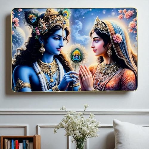 Masstone Radha Krishna Big Crystal Embedded Wall Painting | Premium Golden Slim Frame Wall Décor (16 x 24 Inch) | Luxury Radha Krishna Wall Art for Living Room, Bedroom & Pooja Room - Image 2