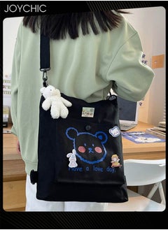 Joychic Lovely Bear Printed Canvas Bag Large Capacity Casual Student Backpack Multifunction Tote Bag with Cartoon Pendant Black  - Image 1
