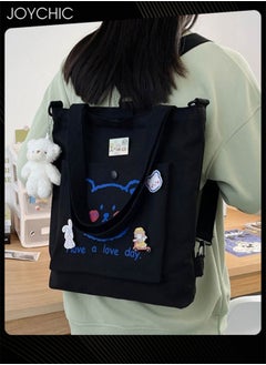 Joychic Lovely Bear Printed Canvas Bag Large Capacity Casual Student Backpack Multifunction Tote Bag with Cartoon Pendant Black  - Image 2