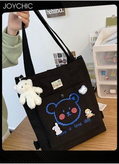 Joychic Lovely Bear Printed Canvas Bag Large Capacity Casual Student Backpack Multifunction Tote Bag with Cartoon Pendant Black  - Image 4