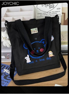 Joychic Lovely Bear Printed Canvas Bag Large Capacity Casual Student Backpack Multifunction Tote Bag with Cartoon Pendant Black  - Image 3