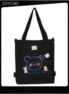 Joychic Lovely Bear Printed Canvas Bag Large Capacity Casual Student Backpack Multifunction Tote Bag with Cartoon Pendant Black  - Image 5
