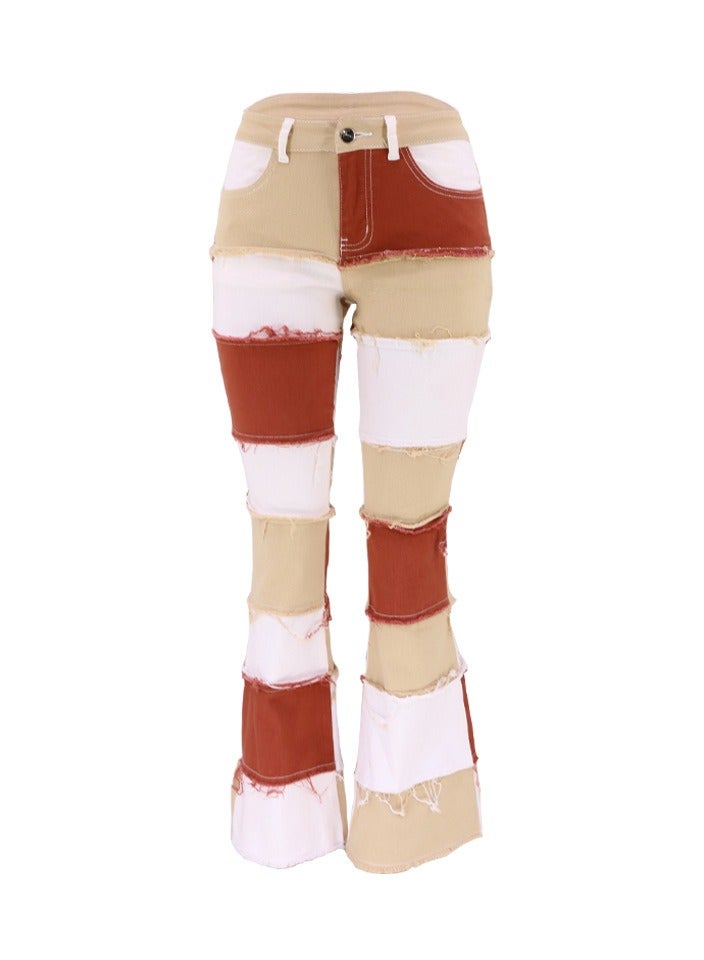 Loquat Fashion Patchwork High-rise Tight Hip Flared Women's Denim Trousers  - Image 1